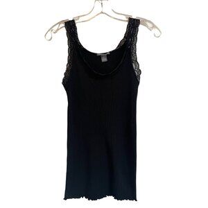 VTG Women's Isabella Rodriguez Black Ribbed Lace Trimmed Long Tank Top